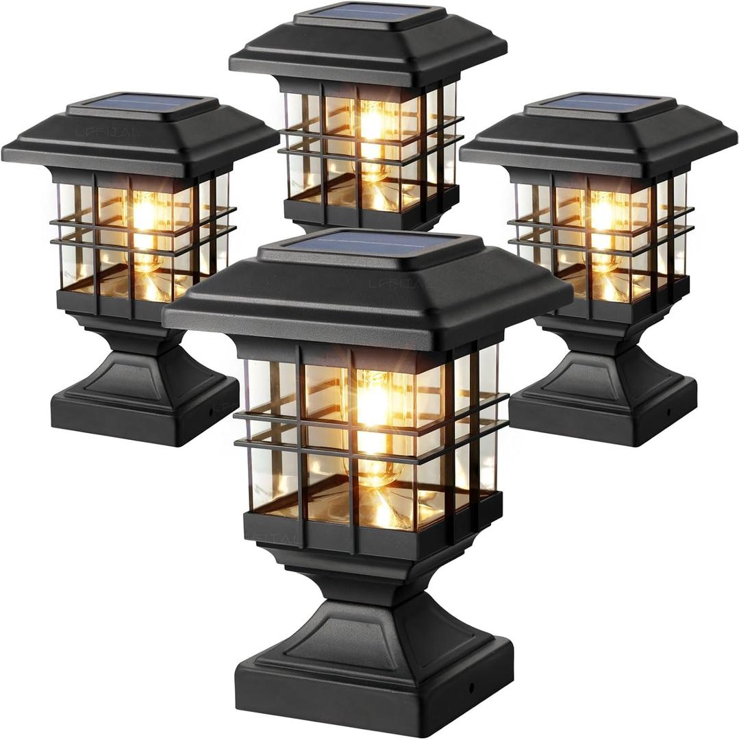 Solar Post Lights Outdoor Solar Cap Lights Deck Fence Cap for 4x4 5x5 6x6 Posts Patio Garden Courtyard Bright Decoration Fixture Waterproof Warm White Lighting Black (4Pack)