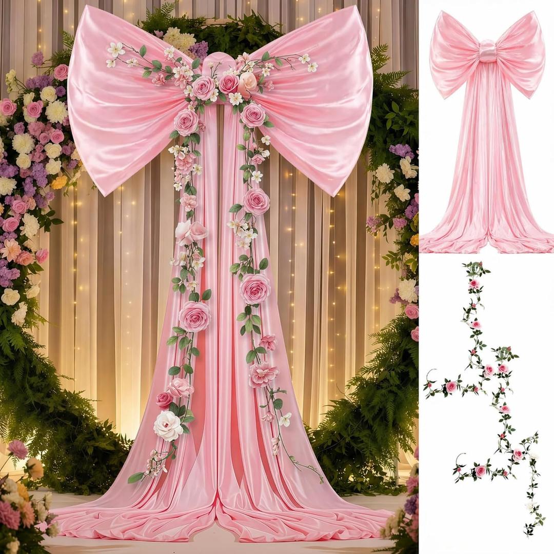 BreezeHug Pink Large Bow for Backdrop Wedding Giant Bow Decor with Long Ribbons Coquette Room Wall Decor for Wedding Bridal Shower Arch Wall Baby Shower Birthday Party (47 x 30 Inches)