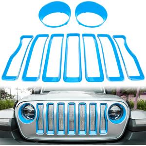 Bonbo Mesh Grille Grill Insert & Headlight Turn Light Cover Trim Exterior Accessories for Jeep Wrangler JL Sport/Sports 2018-2023 (Baby Blue)