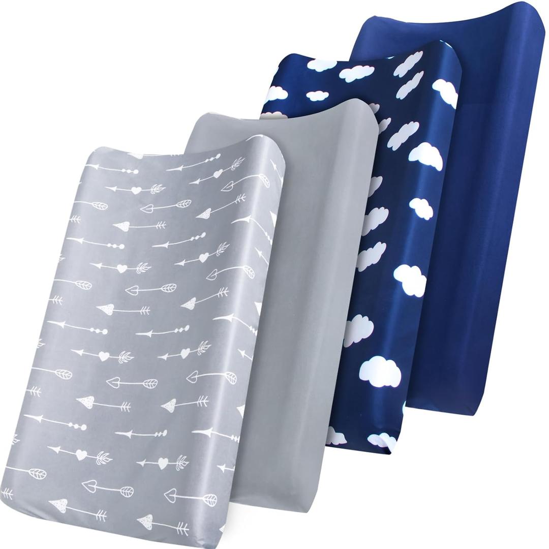 Changing Pad Cover, Diaper Changing Pad Covers 4 Pack, Fitted Baby Changing Table Sheets for 32''x16'' Change Table Pad, Cradle & Bassinet Sheets for Boys & Girls, Soft & Breathable (Navy/Grey/Cloud/Arrow)