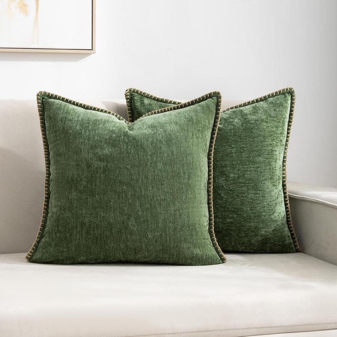 HOSHEN HOME Decorative Throw Pillow Covers Pack of 2, 18x18 In Chenille Soft Pillow Covers with Stitched Edge, Farmhouse Neutral Euro Decorative Pillows for Bed Couch Sofa Home Decor Living Room, (Green)