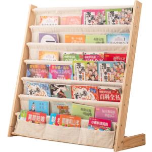 Wooden Bookshelf for Kids Wood Bookrack Canvas Book Storage Shelf Display Bookshelf 6 Tier Kids Book Rack for Bedroom Living Room Playroom Storage Organizer Natural (29.52" L x 11.81" W x 31.10" H)