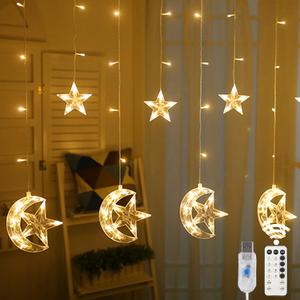 WATERGLIDE 138 LED Star Moon Curtain Decorative Lights, Window Curtain Fairy String Lights, Remote Control & USB Plug, 8 Lighting Modes for Home Holiday Ramadan Christmas Wedding Party, Warm White