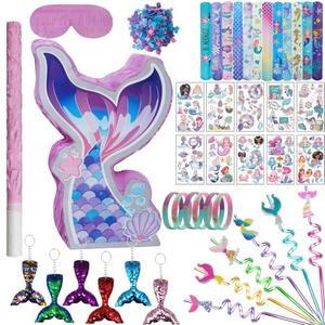 FIGEPO Mermaid Pinata Set Birthday Party Favors for Girl Kids Birthday Themed Party Supplies with Tail Pinata Stickers Slap Bracelet Keychain Silicone Bands and Straws 44 Pack