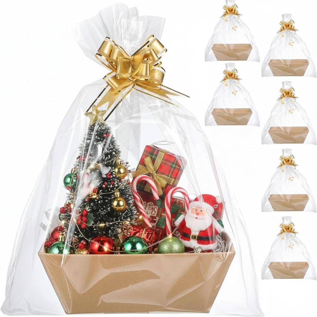 Mimorou 6 Pack Baskets for Gifts Empty To Fill, Kraft Empty Gift Basket Kit Bulk with Handle 6 Wrap Bag 10 Pull Bow DIY for Christmas Wedding Birthday Party Holiday(Gold,Classic Style)