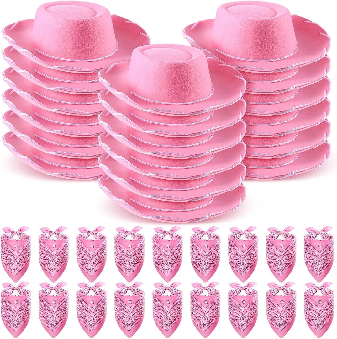 Unittype 18 Sets Cowboy Hats and Bandanas Bulk Kids Western Cowboy Costume Accessories Kids Party Supplies (Pink, M)