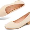 ALTOCIS Womens Low Block Chunky Heels Pumps Ladies Elegant Closed Round Toe Pumps Shoes Low Platform Office Pumps Shoes (8, Nature)