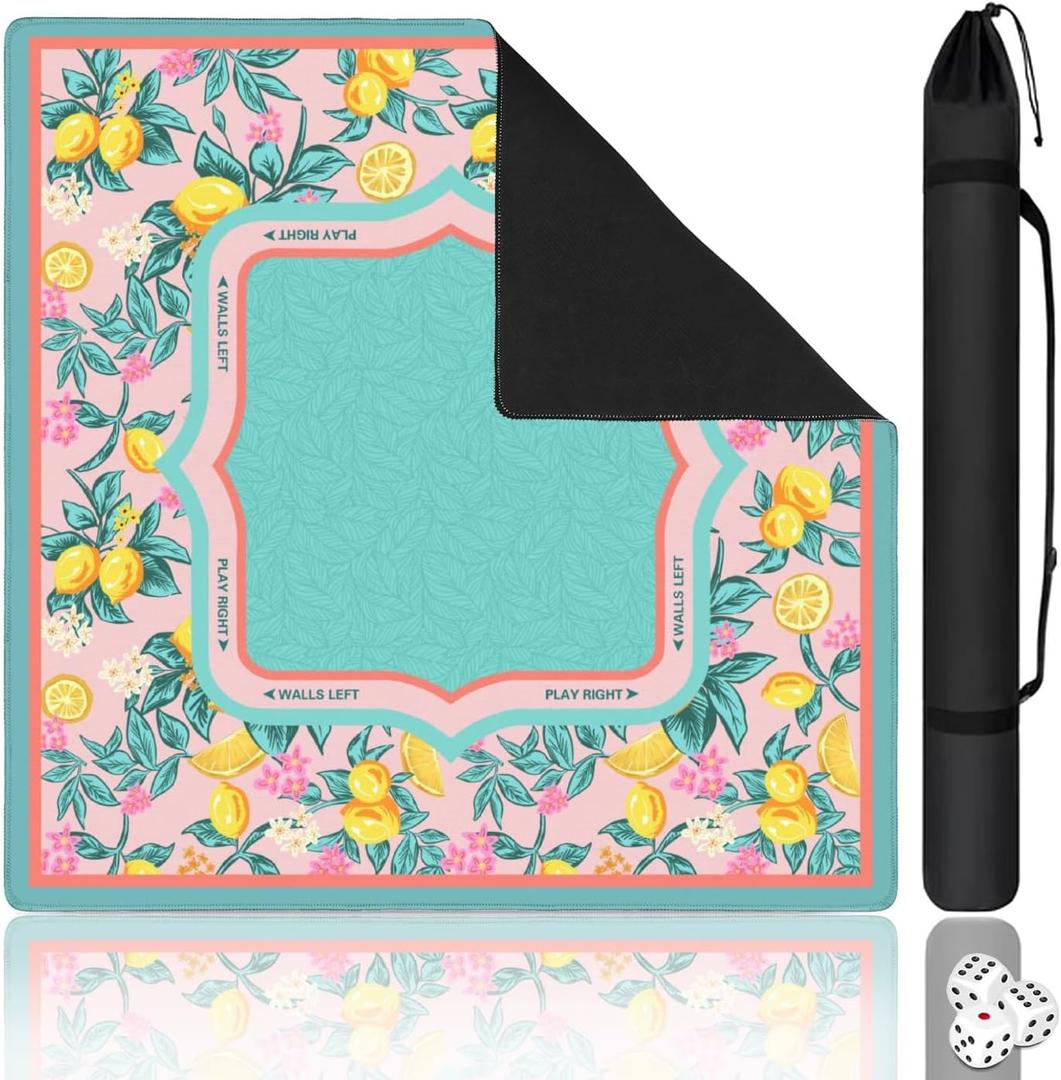Blue Mahjong Mat for Table, 31.5 * 31.5in Anti Slip Lemon American Mahjong Table Mats, Noise Reduction, Neoprene Mah jongg Mat with Carrying Bag & 3 Dices, Mahjong Sets Gift, Board Tile Games Mats, 31.5x31.5in