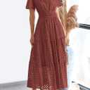 PRETTYGARDEN Womens 2026 Summer Maxi Dress Short Sleeve V Neck Hollow Out Eyelet A Line Long Flowy Beach Vacation Dresses (Silver, L)