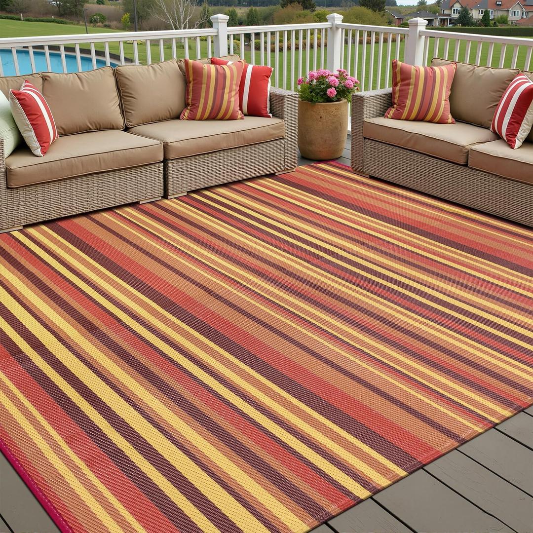 Outdoor Plastic Straw Rug Waterproof Patio 8x10 Red Orange Stripe Mat for Porch Camping RV Balcony Deck Courtyard Reversible Lightweight Durable Portable Carpet (8' x 10' (Rectangular), Stripe | Red)