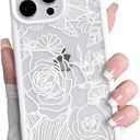 NITITOP Compatible with iPhone 16 Pro Case Clear Cute Rose Flower Floral Leaves Pattern for Women Girls Color Frame Slim Durable Shockproof Protective Phone Cover - White