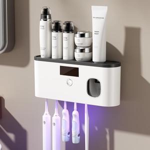 Toothbrush Holders for Bathrooms, Toothbrush Holder Wall Mounted with Toothpaste Dispenser Bathroom Solar Charging and No Drilling Required Tooth Brush Holder with 5 Brush SlotsBlack (White-blacktop)