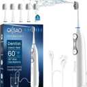 Electric Toothbrush with Water Flosser-Flosses, Vibrates and Oscillates(The 1st Tech), 3-in-1 Upgraded Pro Flossing Toothbrush with 5 Brush Heads, Plaque Removal for Sensitivity, Braces (White)