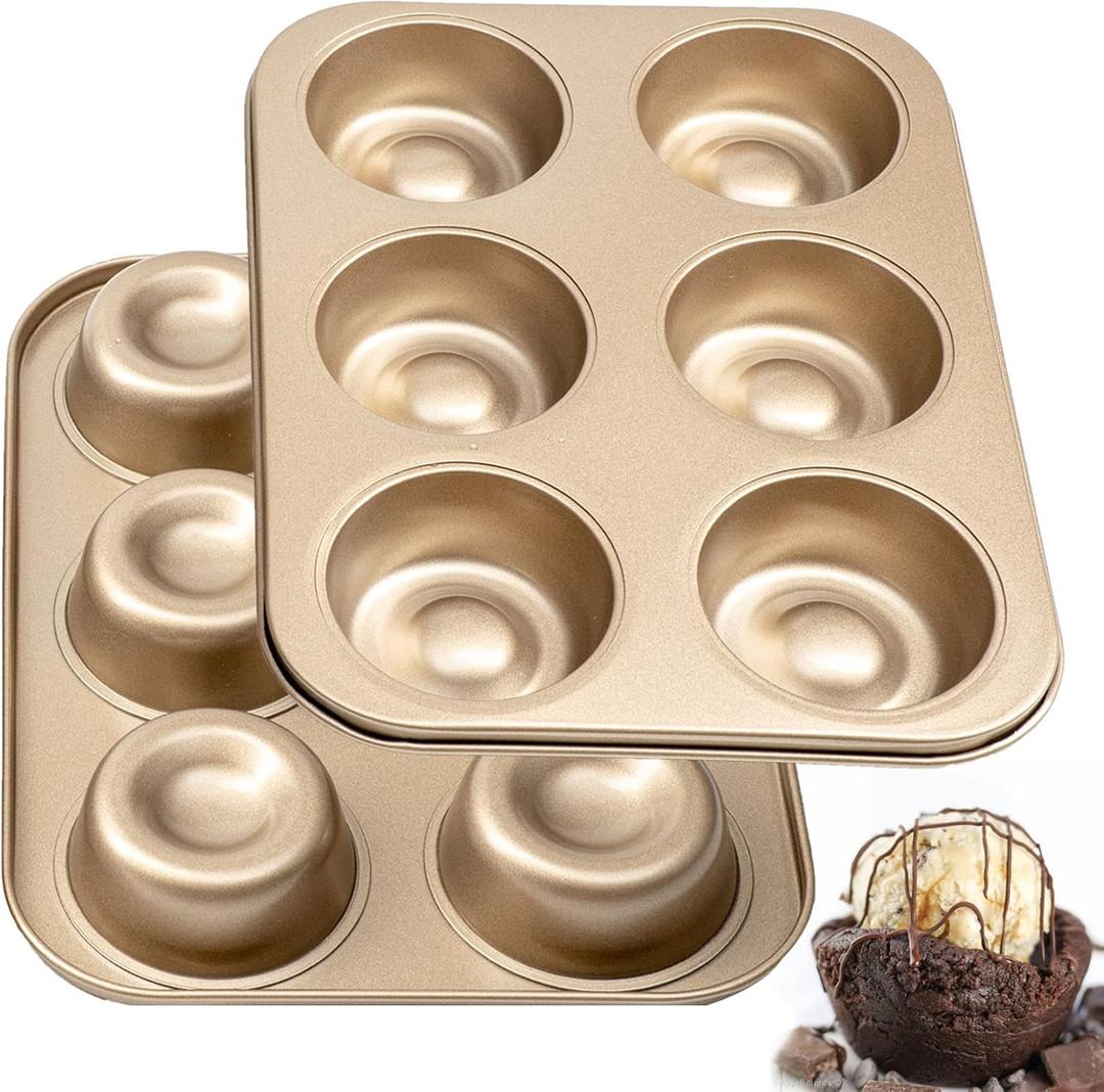 Brownie Bowl Pan 2 Pack, 6 Cavity Mini Round Cake Mold 3 Inch, Shortcake Tea Cookie Shot Mold for Baking - Gold (10.2" x 7.8", 12-cavity)