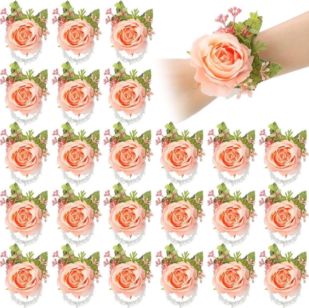 Sherr 24 Pcs 24 Pcs Wedding Rose Wrist Corsage Wristlet Band for Bridal Bridesmaid Women Flowers Bracelets Decor Wedding Artificial Flowers for Party Prom Homecoming (Pink)