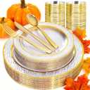 Ciaell 150PCS Clear Gold Plastic Plates - Disposable Gold Rim Plates include 25Dinner Plate, 25Dessert Plate, 25Forks, 25Knives, 25Spoons, 25Cups for Wedding & Party & Thanksgiving