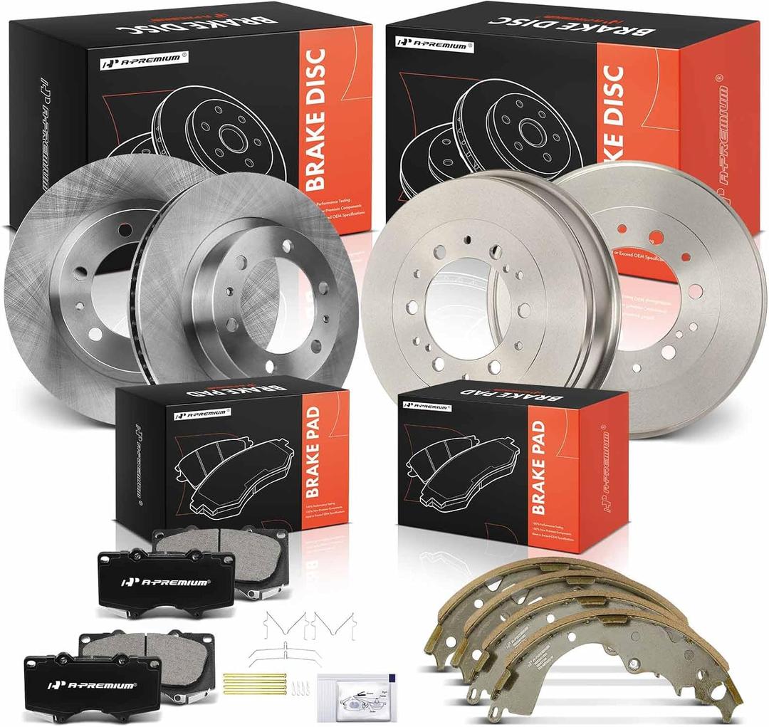 A-Premium Front & Rear Disc Brake Rotors Ceramic Brakes Pads + Rear Brake Drums Brake Shoes Compatible with Select Toyota Models - Tacoma 2005-2021, 12 Pcs