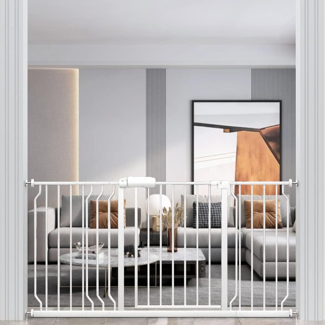 WAOWAO Baby Gate 57.48-62.17" Extra Wide Pressure Mounted Walk Through Swing Auto Close Safety White Metal Toddler Kids Child Dog Pet Puppy for Stairs, Doorways, Kitchen