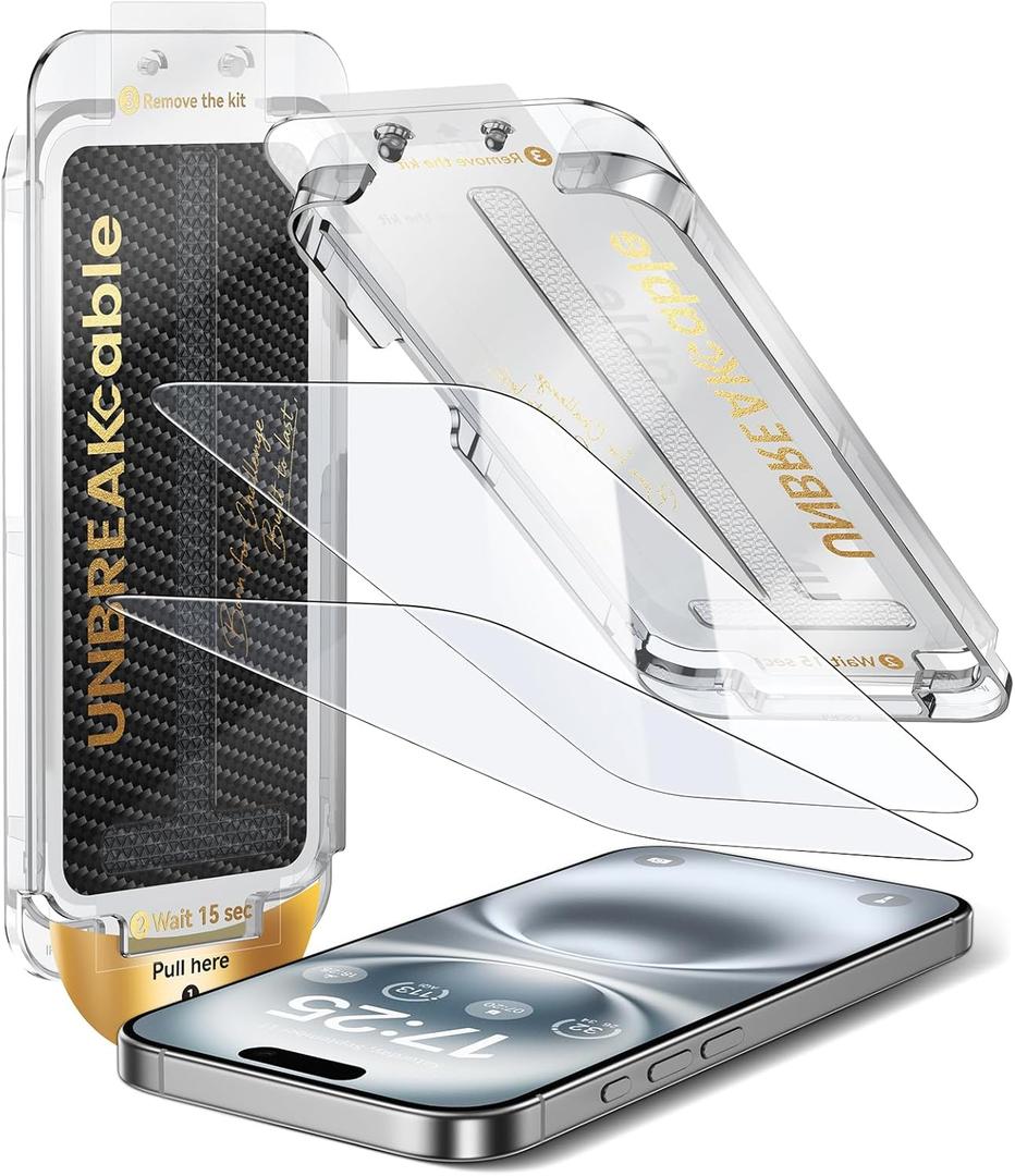 UNBREAKcable Screen Protector for iPhone 16/15, Pull-To-Protect Easy Installation, Auto Dust-Elimination, 9H+ Military-Grade Tempered Glass, Bubble-Free, Case Friendly, HD Clear, 6.1 Inch, 2 Pack