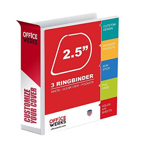 3 Ring Binder, 2.5" Professional Angle D-Rings, Presentation Folder for Standard Pages with Inside Pockets, Customizable Clear View White Binder (3.2" Spine)