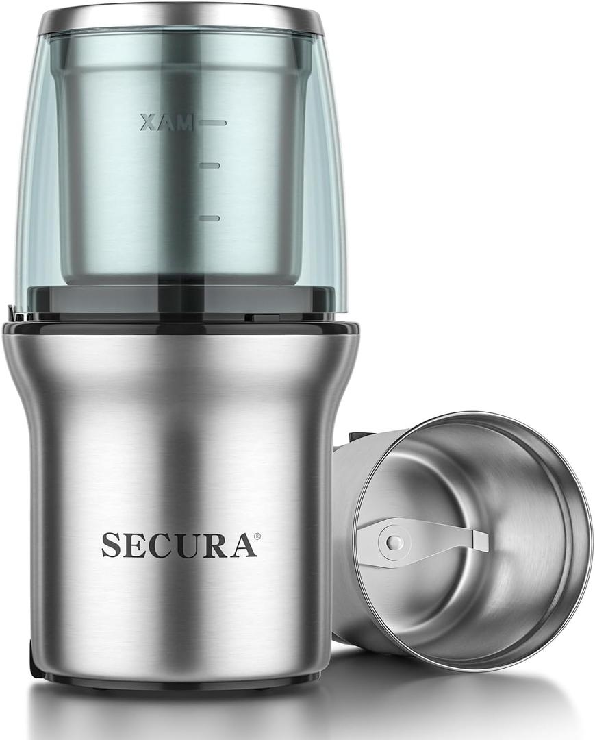 Secura Electric Coffee Grinder and Spice Grinder with Stainless Steel Blades, 1 Removable Bowl, Stainless