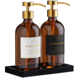 Glass Soap Dispenser Set of 2 (Amber) with Silicone Tray | Hand and Dish Soap Dispenser for Kitchen and Bathroom | 16.8 Oz Glass Bottles with Stainless Steel Pump & 15 Waterproof Labels (Amber/Gold)
