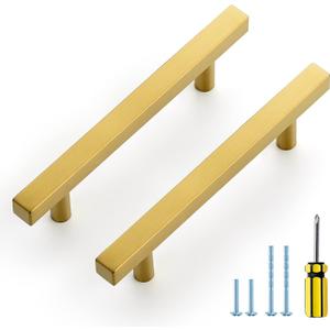 Ravinte 10 Pack Gold Cabinet Handles 4 Inch Brushed Brass Square Cabinet Pulls Gold Hardware for Kitchen Cabinets - 6-3/8 Inch Total Length