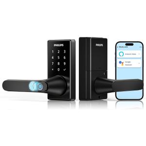 Philips Wi-Fi Smart Door Lock with Handle, Keyless Entry Door Lock, Fingerprint Door Knob, App Remote Control, Auto-Lock, Keypad Deadbolt with Lever for Front Door and Bedrooms, Security Easy Install