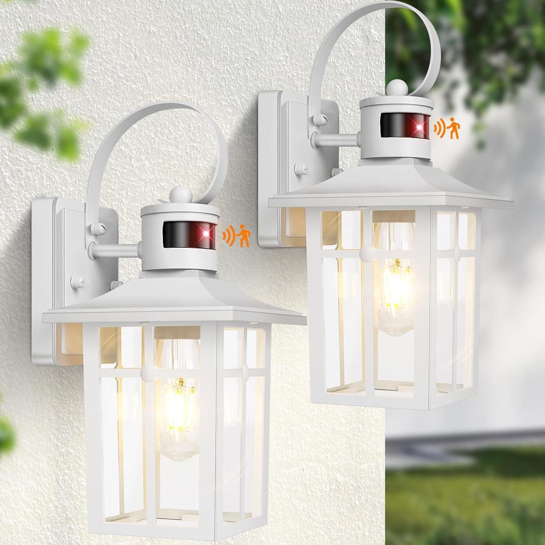 White Porch Light Fixture, 2-Pack Motion Sensor Outdoor Sconce Lights, Aluminum Outdoor Lanterns for Patio Waterproof, ETL Listed Dusk till Dawn Outside Light Fixture for House, Porch, Front Door