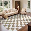 Washable Checkered Rug, 8x10 ft Beige and White Rug, Low Pile Area Rugs for Living Room with Non-Slip Backing for Bedroom Playroom Classroom Office Dorm and Kids Room