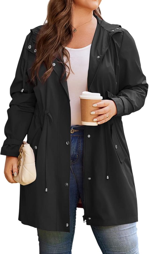 IN'VOLAND Women's Rain Jacket Plus Size Long Raincoat with Hood Outdoor Lightweight Windbreaker Travel Jacket