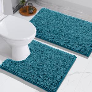 Yimobra Chenille Bathroom Rugs Set U-Shape, Luxury Thick Absorbent Plush Rugs, Soft Shaggy Bath Floor Mats, Non Slip, Machine Washable(31.5 x 19.8 + 24 x 19.5 Inches,Peacock Blue)