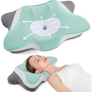 DONAMA Cervical Neck Pillow for Sleeping, Ergonomic Memory Foam Pillows with Built-in/Removable Small Neck Support Pillow, Contour Bed Pillows for Side Back Stomach Sleepers with Cooling Pillowcase (Queen Size (22.8"Lx14.6"Wx5.5"H), Green+white)