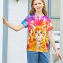 SunFoucs Girls Kids Shirts Size 5-12 Tie Dye Casual Tshirt Short Sleeve Crewneck Tee Top (8-9 Years, Cat 02)