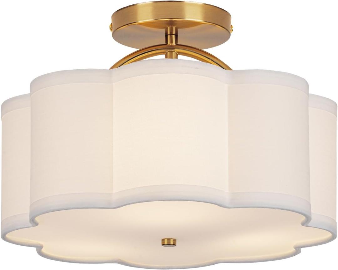 Semi Flush Mount Ceiling Light, 11.8" Modern 3-Light Fixture with Petal-Shaped Cream White Fabric Shade and Golden Support Arm, Ideal for Bedroom, Kitchen, Living Room, Hallway, and Entryway