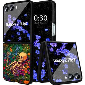 for Z Flip 7 Case [Compatiable with Magsafe] [Glow in The Dark] Slim Fit Cute Lovely Floral Luminous Back Military Drop Protection Aesthetic Samsung Z Flip 7 Case MagsafeFlower Skull 