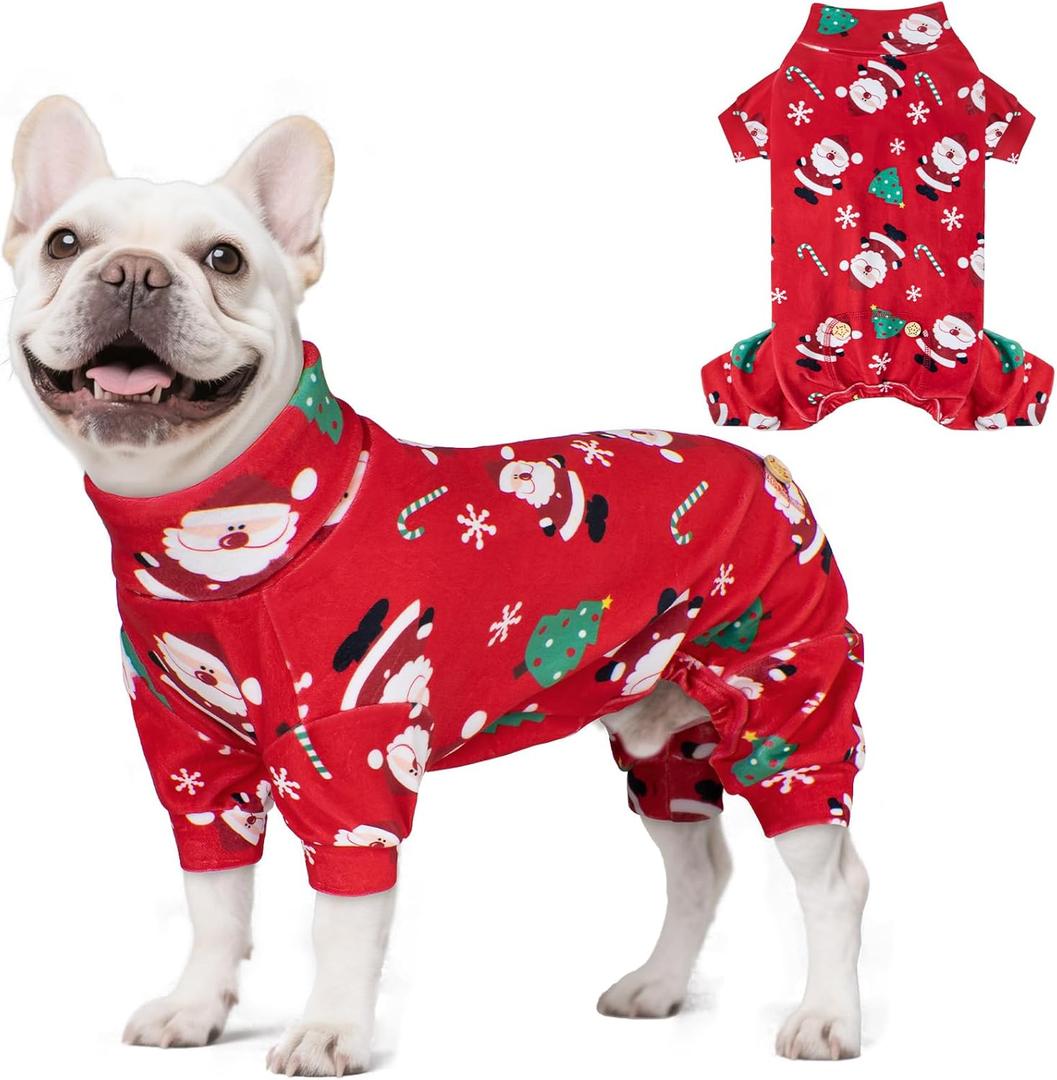KYEESE Christmas Dog Pajamas Santa Claus Turtleneck Dog Pjs for Small Dogs Holiday Pet Onesie Soft Velvet 4 Legs Cozy Pet Sleepwear Warm Doggie Christmas Outfit, X-Large