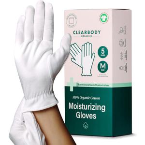 Clearbody Organics White Organic Cotton Gloves 5 Pairs (10 Pcs)  100% Organic Cotton Gloves for Dry Hands Reusable Moisturizing Gloves for Cracked Hands Repair (Medium)