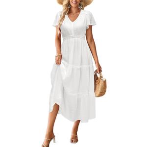 VOTEPRETTY Women's 2026 Summer Boho Maxi Dresses Flutter Short Sleeve V Neck Casual Beach Wedding Guest Vacation Long Dress (Medium, White)