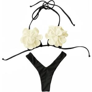 Verdusa Women's 2 Piece 3D Floral Halter Bikini Sets String High Cut Thong Bathing Suits (Black, XS)