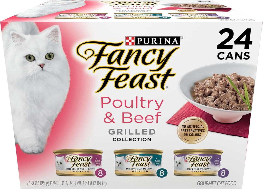 Purina Fancy Feast Grilled Wet Cat Food Poultry and Beef Collection Wet Cat Food Variety Pack - (Pack of 24) 3 oz. Cans, Best Before July 2026