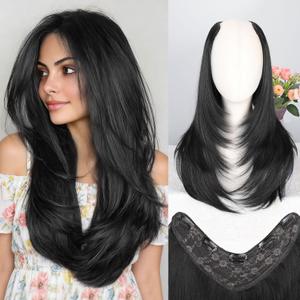 QGZ Black Clip in Hair Extensions for Women Long Straight Layered Synthetic Hair with 5 Clip One-Piece Design, Soft & Face Framing 22 Inch