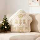 DN DECONATION House Shape Christmas Pillow, White Decorative Pillow 15In - Gold Embroidered Faux Fur Holiday Throw Pillow for Sofa Bedroom Home Christmas Decor (Hut)