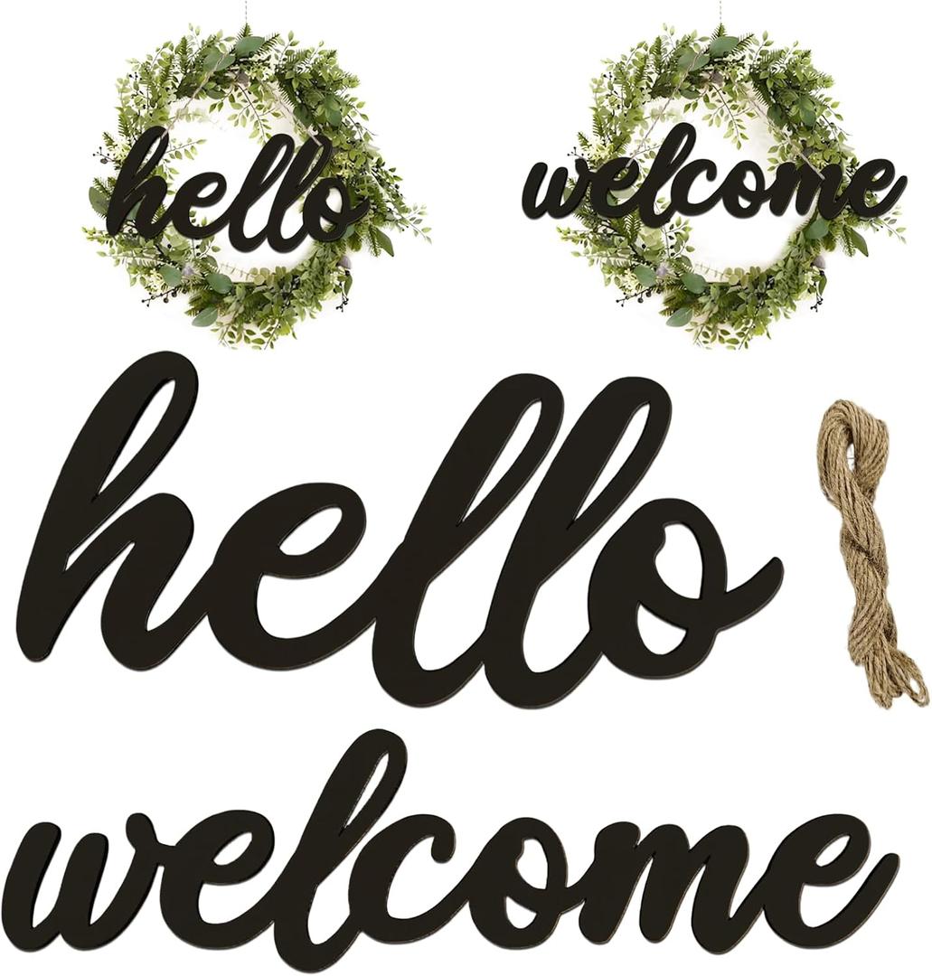 10 Pcs Black Wooden Hello & Welcome Sign Wooden Cutout Letter Hello Welcome Sign for Wreath Crafts Decorative Word Signs for Door Wall Christmas Trees Home Decor (Black)
