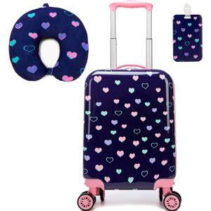 Kid's Luggage Set 2 Piece Suitcase Set Hardside Luggage with Spinner Wheels Girls Carry on Toddler Travel Rolling Suitcase with Neck Pillow Airline Approved (G Blue Love)
