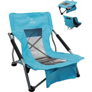 HITORHIKE Low Sling Beach Camping Concert Folding Chair with Armrests and Breathable Nylon Mesh Back Compact and Sturdy Chair (Blue)
