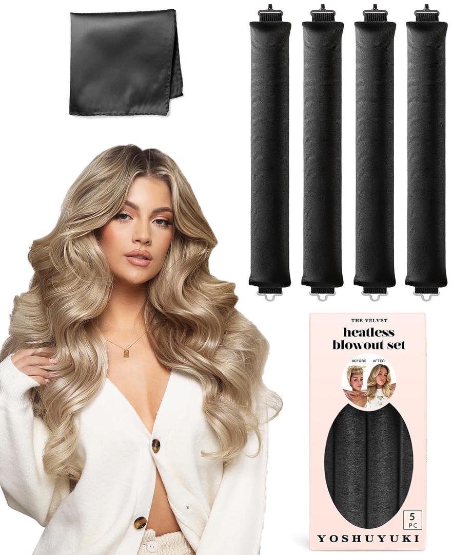 Grande Heatless Curls Overnight Rods No Heat Hair Curlers to Sleep Jumbo Foam Large Hair Rollers for Long Short Hair Heatless Curling Rod Set with Satin Wrap for Sleeping Black