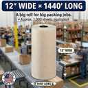 BOX USA Packing Paper Roll 1440'L x 12"W - 1,000 Sheets 17” Long Equivalent - Large White Newsprint for Shipping, Packaging, Storage and Moving Supplies