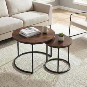 Round Nesting Coffee Table Set of 2, Modern Marble Pattern Wooden Nesting Tables, Stacking Minimalist End Table for Living Room Bedroom Small Space, Wood Brown and Black