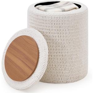 Wimarsbon Pouf Ottoman, 100% Cotton Knitted Boho Footstool, Round Footrest with Non-Skid Wood Legs, Home Dcor Handmade Pouffe, Leisure Floor Step Stool for Living Room (14inch White Storage Ottoman)